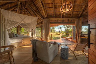 The interior of a plush suite at Camp Moremi in the Okavango Delta.