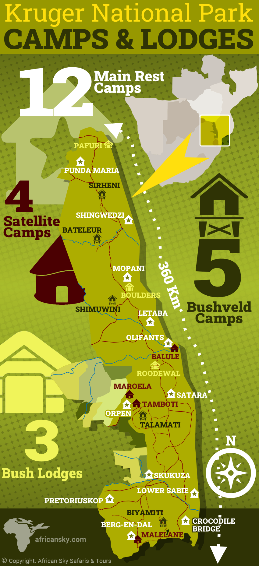 Infographic of the National Park Camps and SANParks Lodges in Kruger