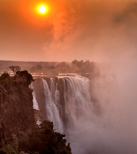Sunset over Victoria Falls on the Zambia–Zimbabwe border